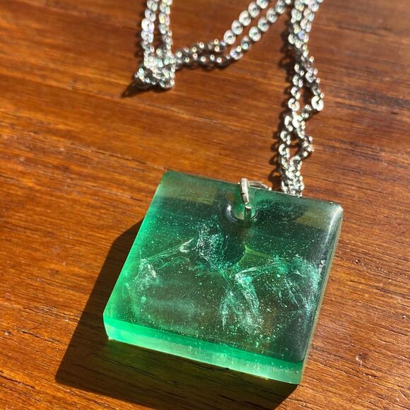 Translucent Teal Resin Square Pendant Natural Mica Mountain Pendant - Picture 2 of 4